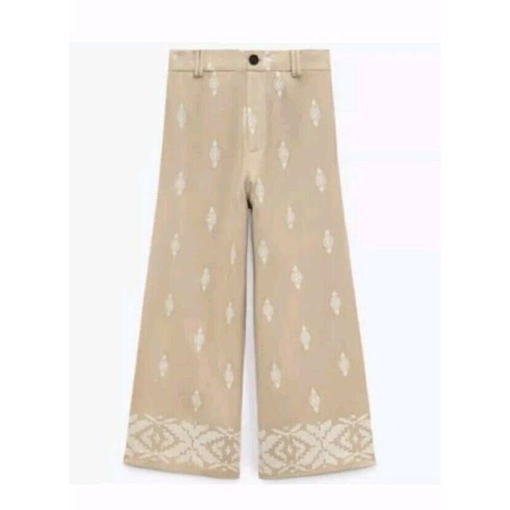 ZARA Linen Blend Embroidered Wide Leg Crop Pants Beige Blogger F 2731 047 - Picture 7 of 12